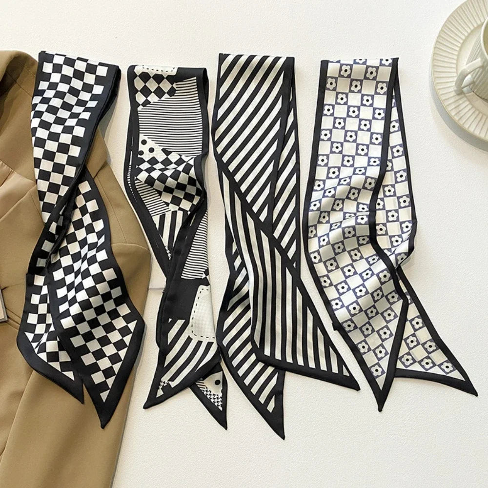 4pcs Skinny Bag Ribbon Scarfs for Women Fashion Print Soft Satin Hairband Foulard Neckerchief Female Neck Tie Hair Scarf