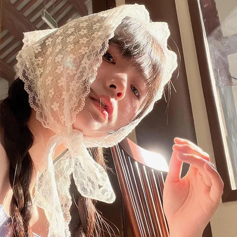 Fashion Lace Triangle Headscarf Romantic Summer White Woven Floral Lace Hair Scarf Wraps Travel Photo Headband Hair Accessories