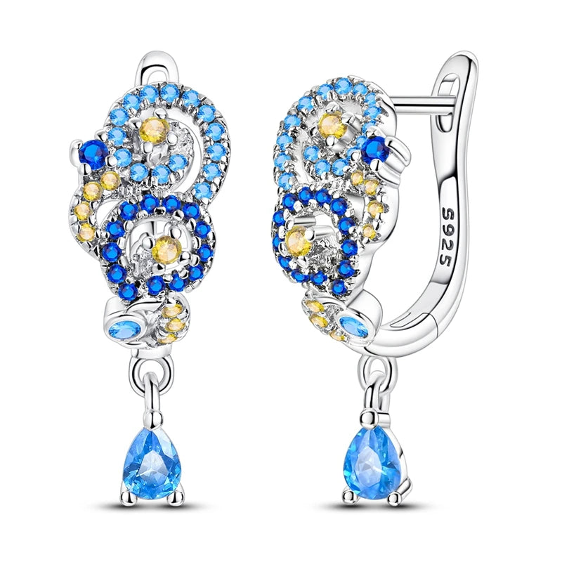 New Earrings 925 Silver Blue Butterfly Star Moon Dangle Hoop Earrings Ear Studs Zircon CZ Making Jewelry For Women Girl Party