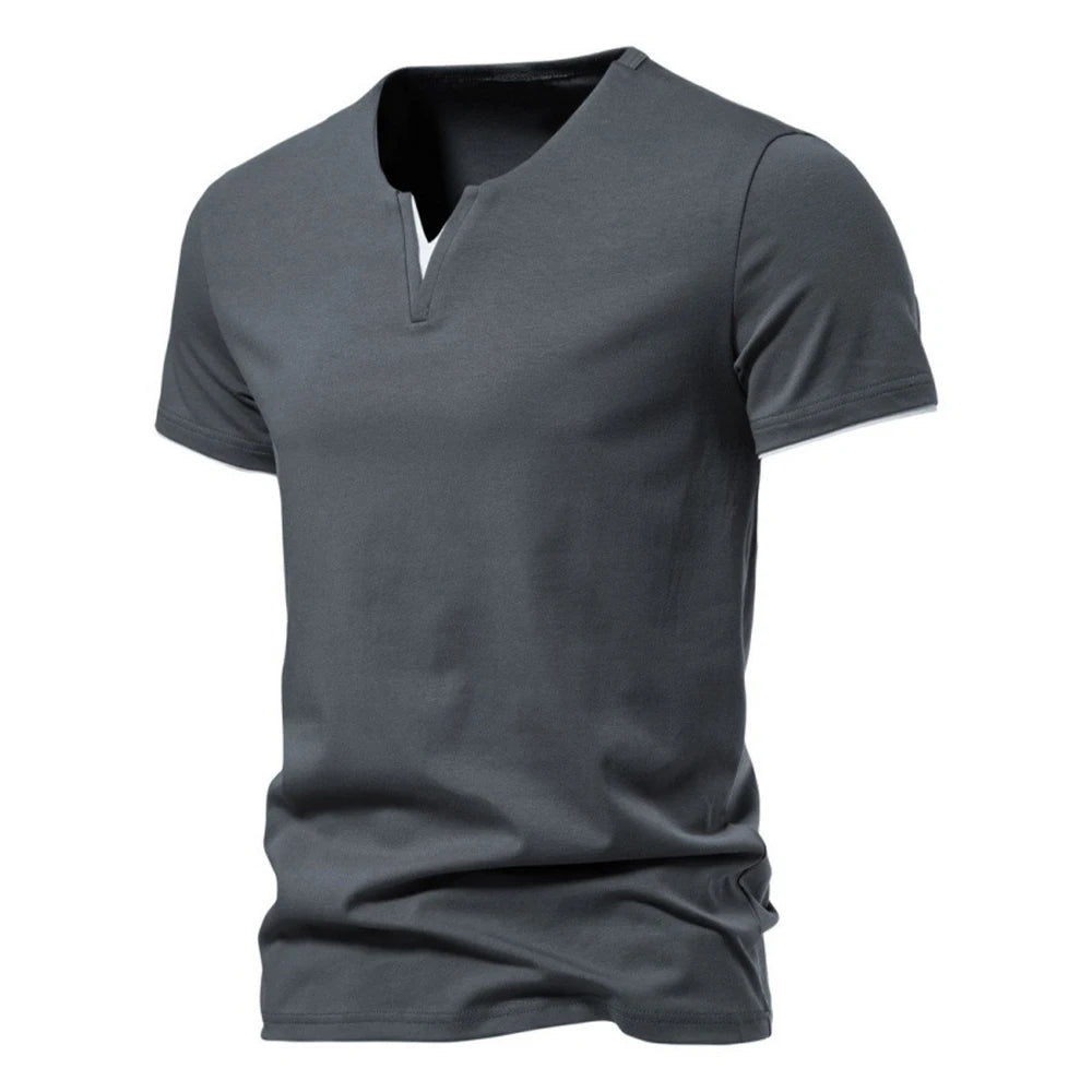 Men's T-shirts Summer Henley V-neck Short Sleeve Casual Solid Color Slim Fit T-shirt Breathable Basic Loose Fitness Sports Top