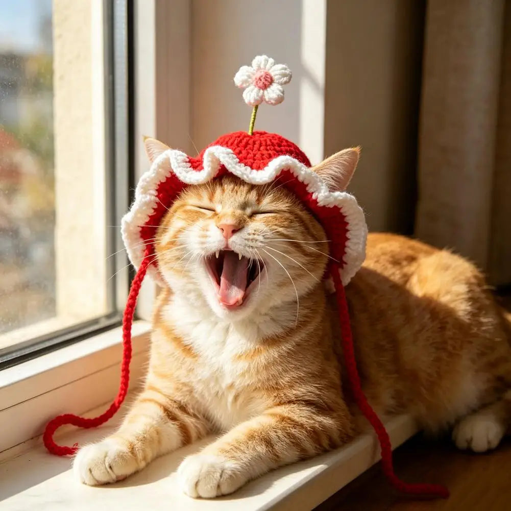 Handmade Pet Hat Adjustable Pet Hat Handmade Crochet Flower Cat Hat Scalloped Pet with Flower Ear Holes Cute Party for Small