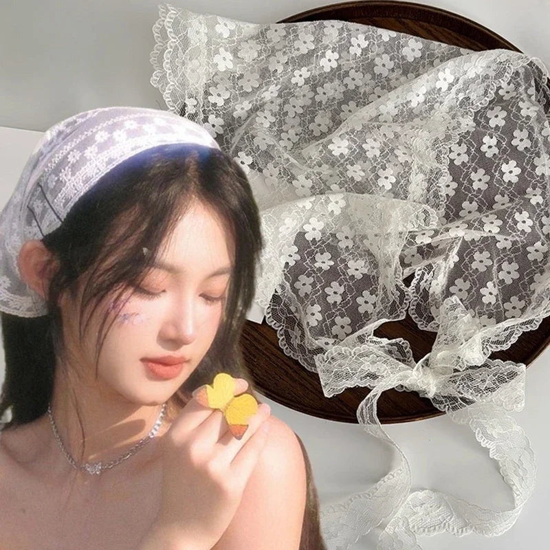 Fashion Lace Triangle Headscarf Romantic Summer White Woven Floral Lace Hair Scarf Wraps Travel Photo Headband Hair Accessories