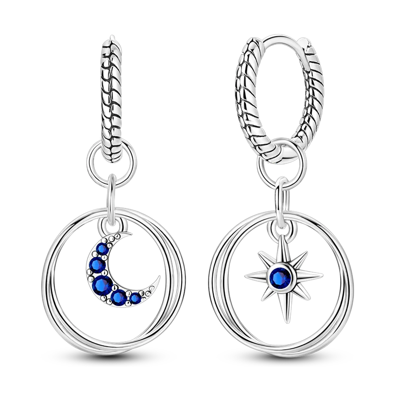 New Earrings 925 Silver Blue Butterfly Star Moon Dangle Hoop Earrings Ear Studs Zircon CZ Making Jewelry For Women Girl Party