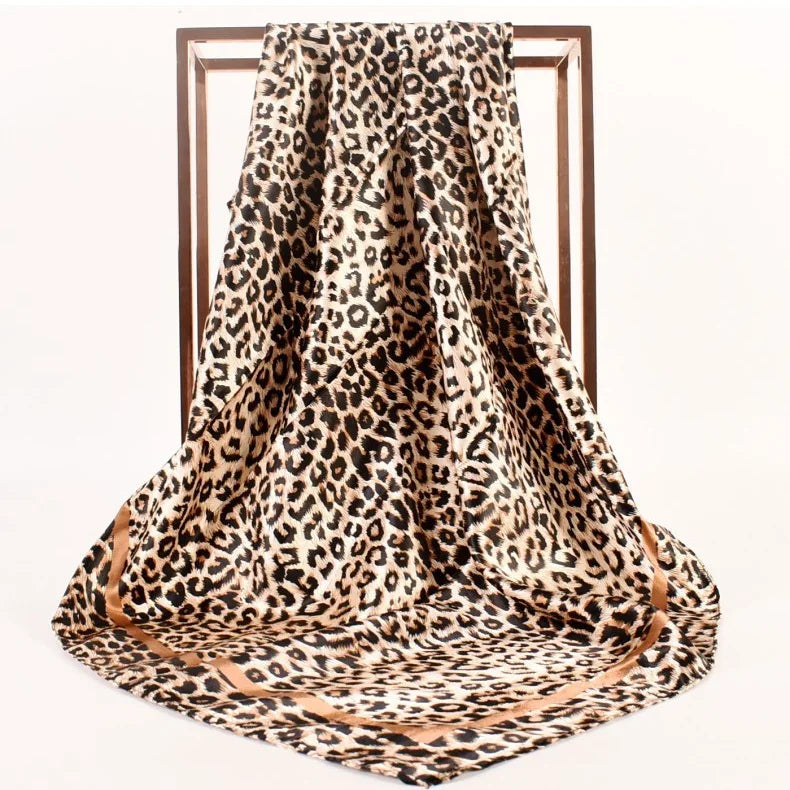 Luxury Design 90*90cm Leopard Print Silk Square Scarf Women Soft Satin Hairband Neckerchief Office Hijab Headband Foulard Gift