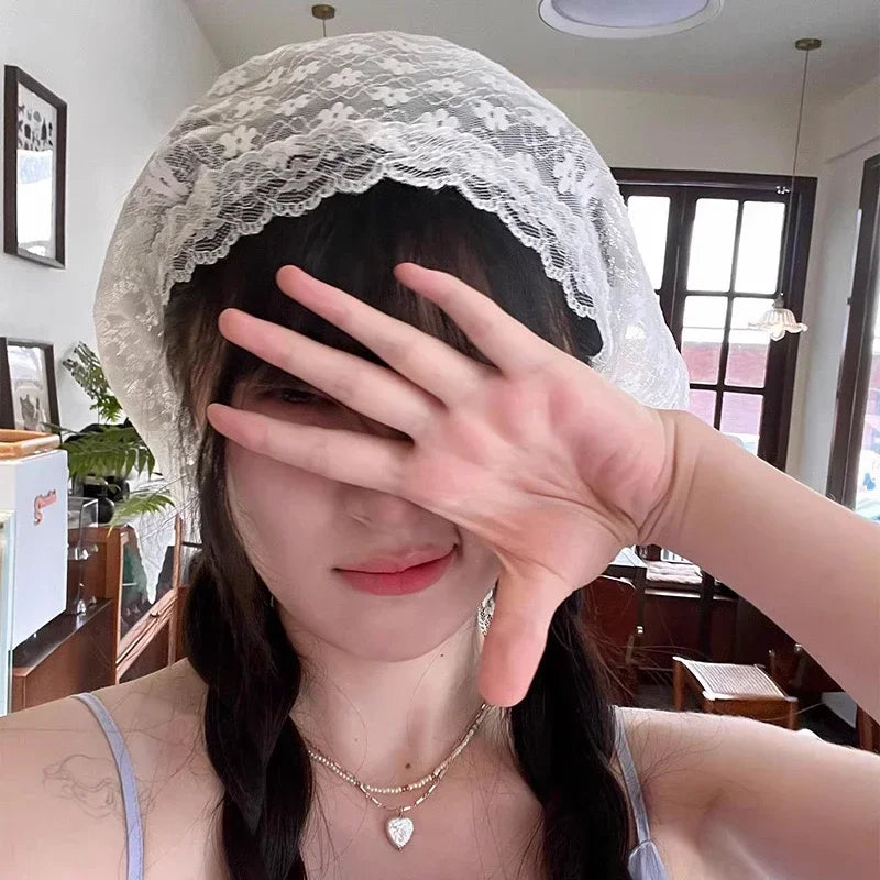 Fashion Lace Triangle Headscarf Romantic Summer White Woven Floral Lace Hair Scarf Wraps Travel Photo Headband Hair Accessories