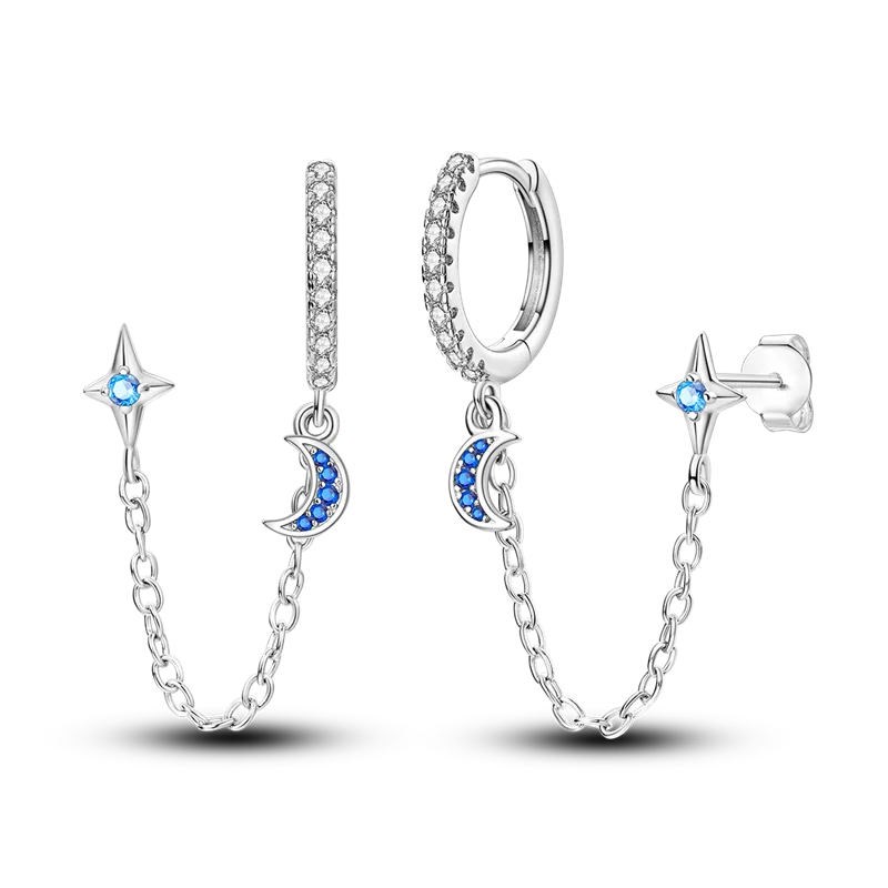 New Earrings 925 Silver Blue Butterfly Star Moon Dangle Hoop Earrings Ear Studs Zircon CZ Making Jewelry For Women Girl Party