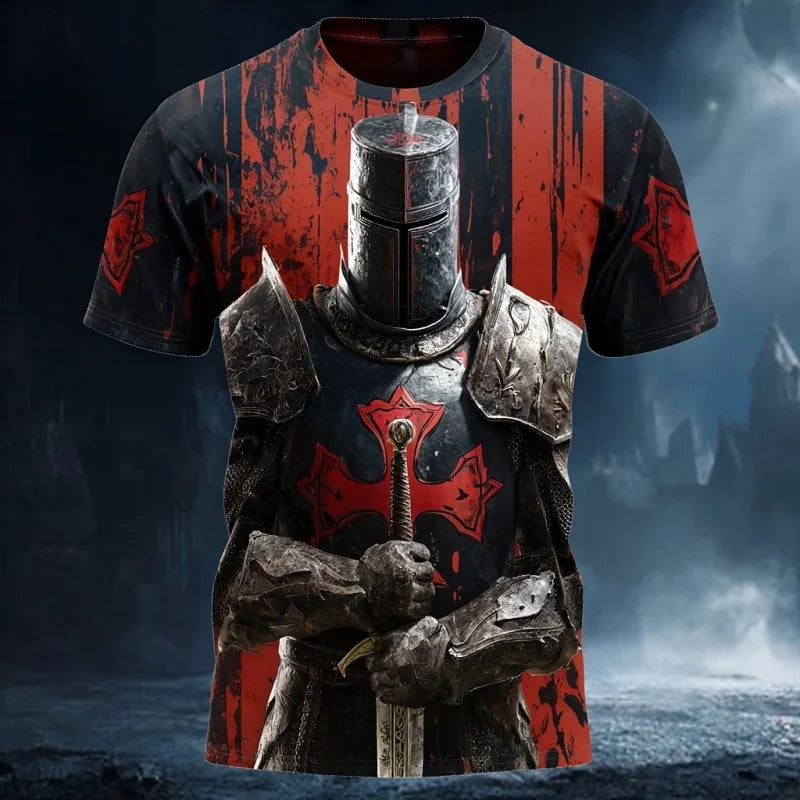 3D Print Templar Knight Warrior T-Shirt For Men Medieval Graphic Short Sleeve Tees Summer Casual Street Tops Round Neck T Shirts