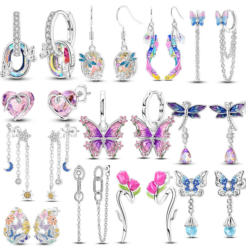 New In Earrings 925 Sterling Silver Butterfly Tulip Hoop Earrings Ear Studs Zircon Making Jewelry For Women Girl Party Gifts