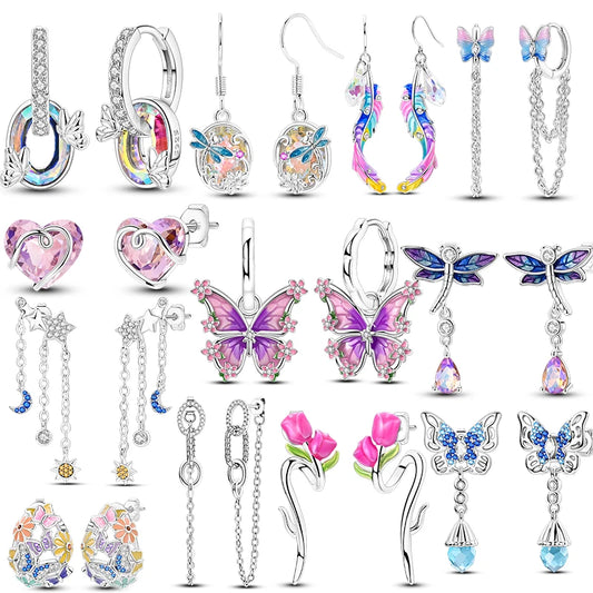 New In Earrings 925 Sterling Silver Butterfly Tulip Hoop Earrings Ear Studs Zircon Making Jewelry For Women Girl Party Gifts