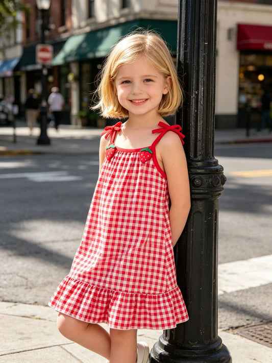Summer fashion dress for girls, outdoor casual red and white checkered dress paired with 3D strawberry suspender dress