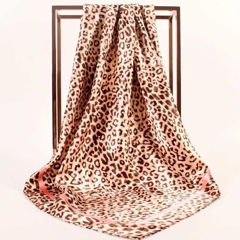 Luxury Design 90*90cm Leopard Print Silk Square Scarf Women Soft Satin Hairband Neckerchief Office Hijab Headband Foulard Gift
