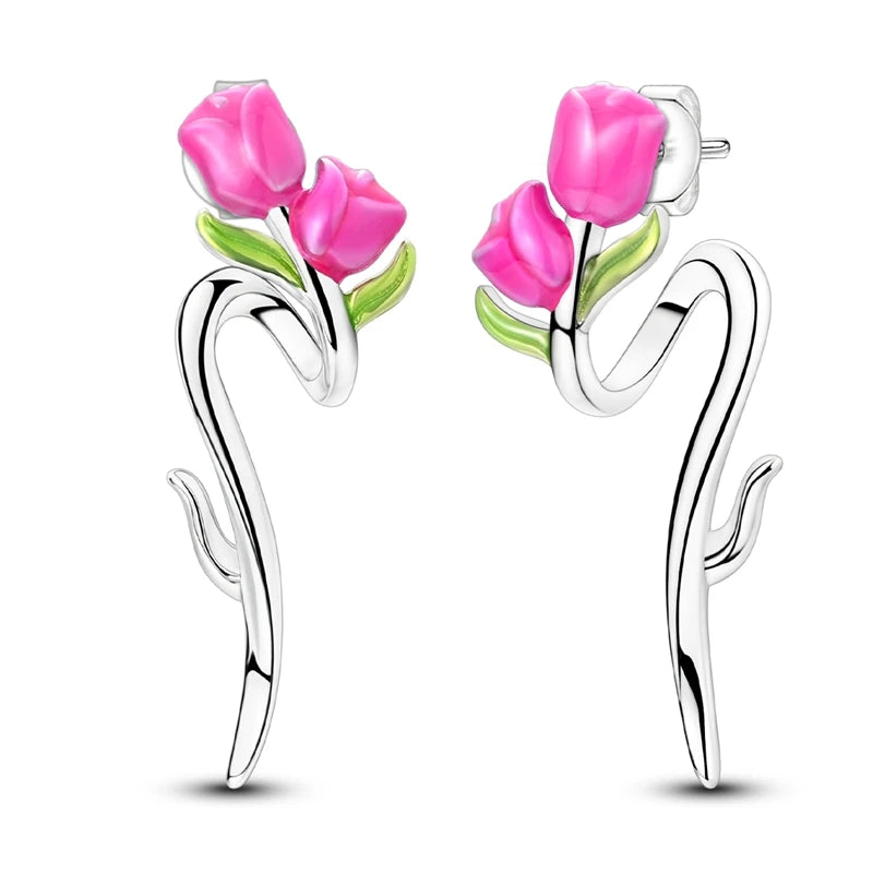 New In Earrings 925 Sterling Silver Butterfly Tulip Hoop Earrings Ear Studs Zircon Making Jewelry For Women Girl Party Gifts