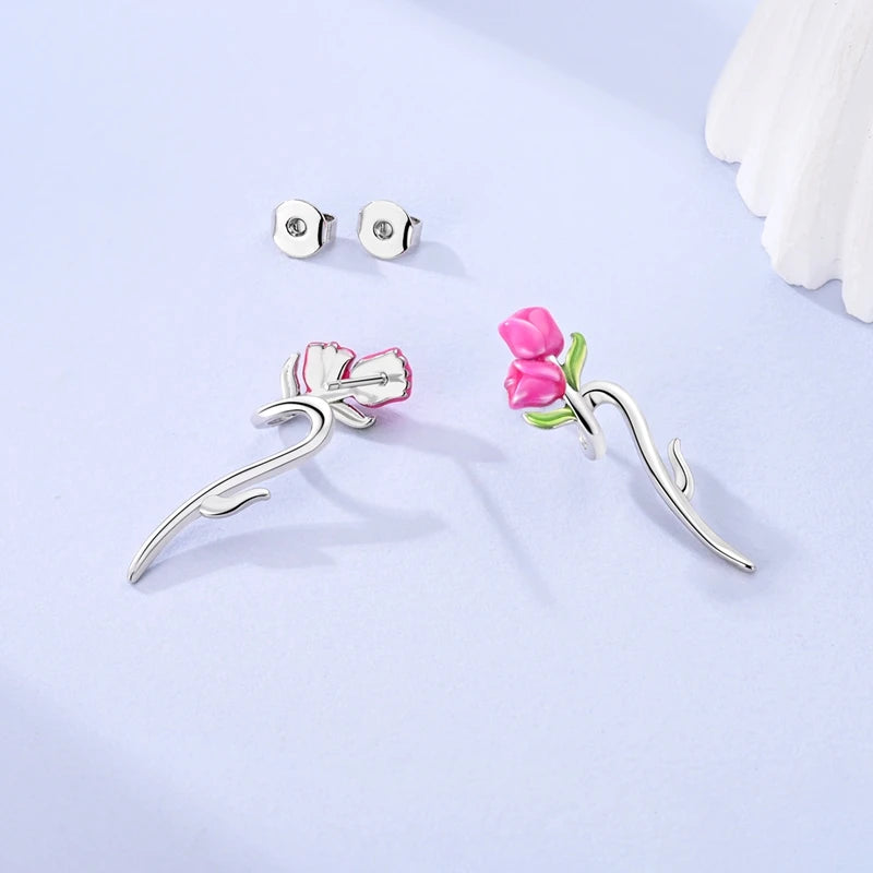 New In Earrings 925 Sterling Silver Butterfly Tulip Hoop Earrings Ear Studs Zircon Making Jewelry For Women Girl Party Gifts