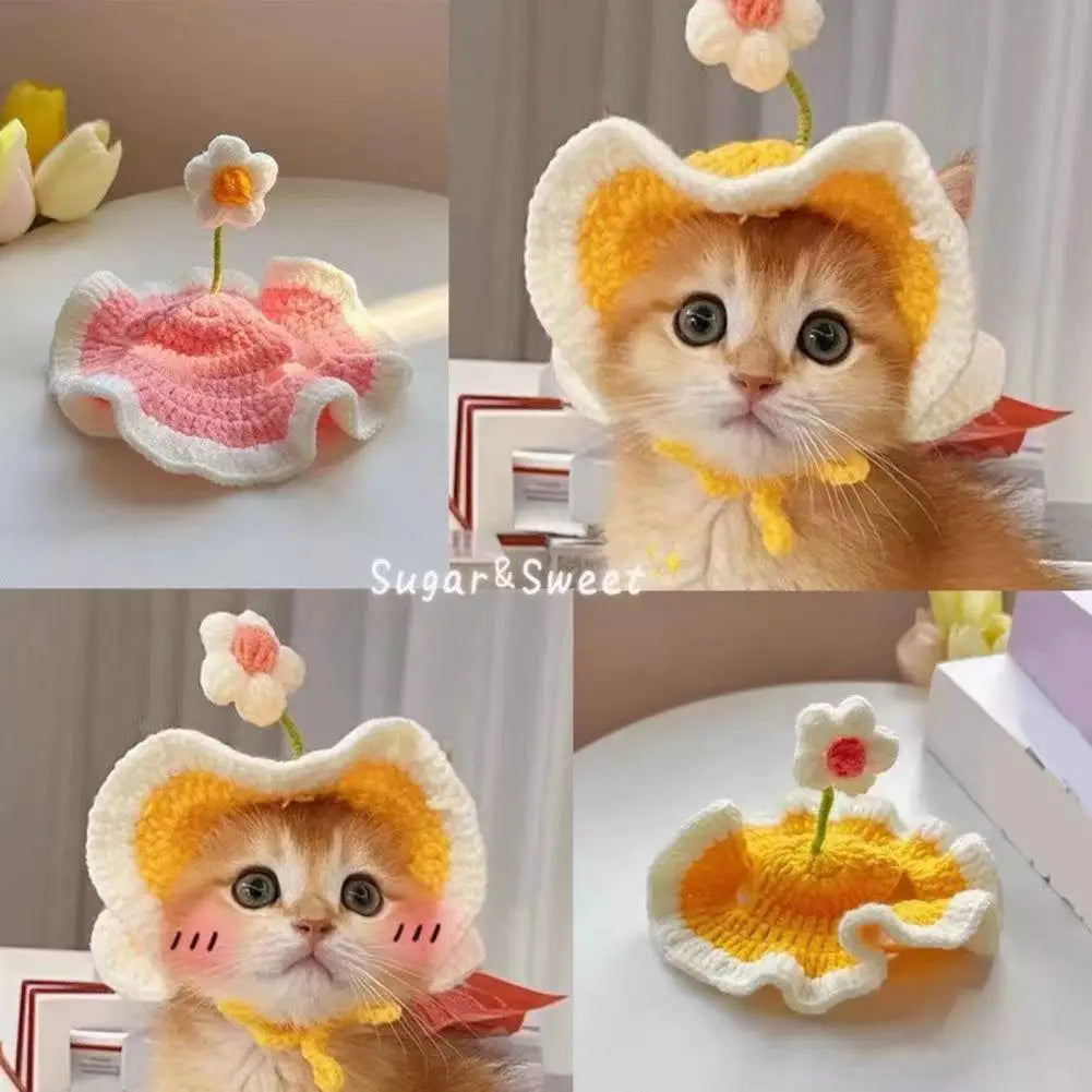 Handmade Pet Hat Adjustable Pet Hat Handmade Crochet Flower Cat Hat Scalloped Pet with Flower Ear Holes Cute Party for Small