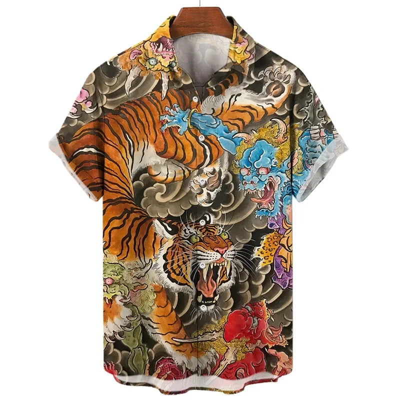 Men's Shirts 3D Animal Tiger Dragon Printed Short Sleeve Hawaiian Shirts Blouse New in Casual Button Up Aloha Shirt Male Tops
