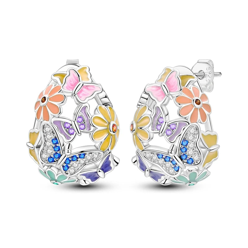 New In Earrings 925 Sterling Silver Butterfly Tulip Hoop Earrings Ear Studs Zircon Making Jewelry For Women Girl Party Gifts