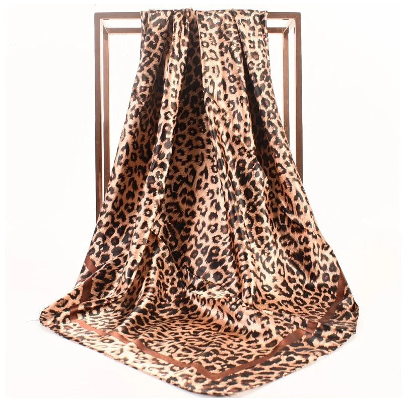 Luxury Design 90*90cm Leopard Print Silk Square Scarf Women Soft Satin Hairband Neckerchief Office Hijab Headband Foulard Gift