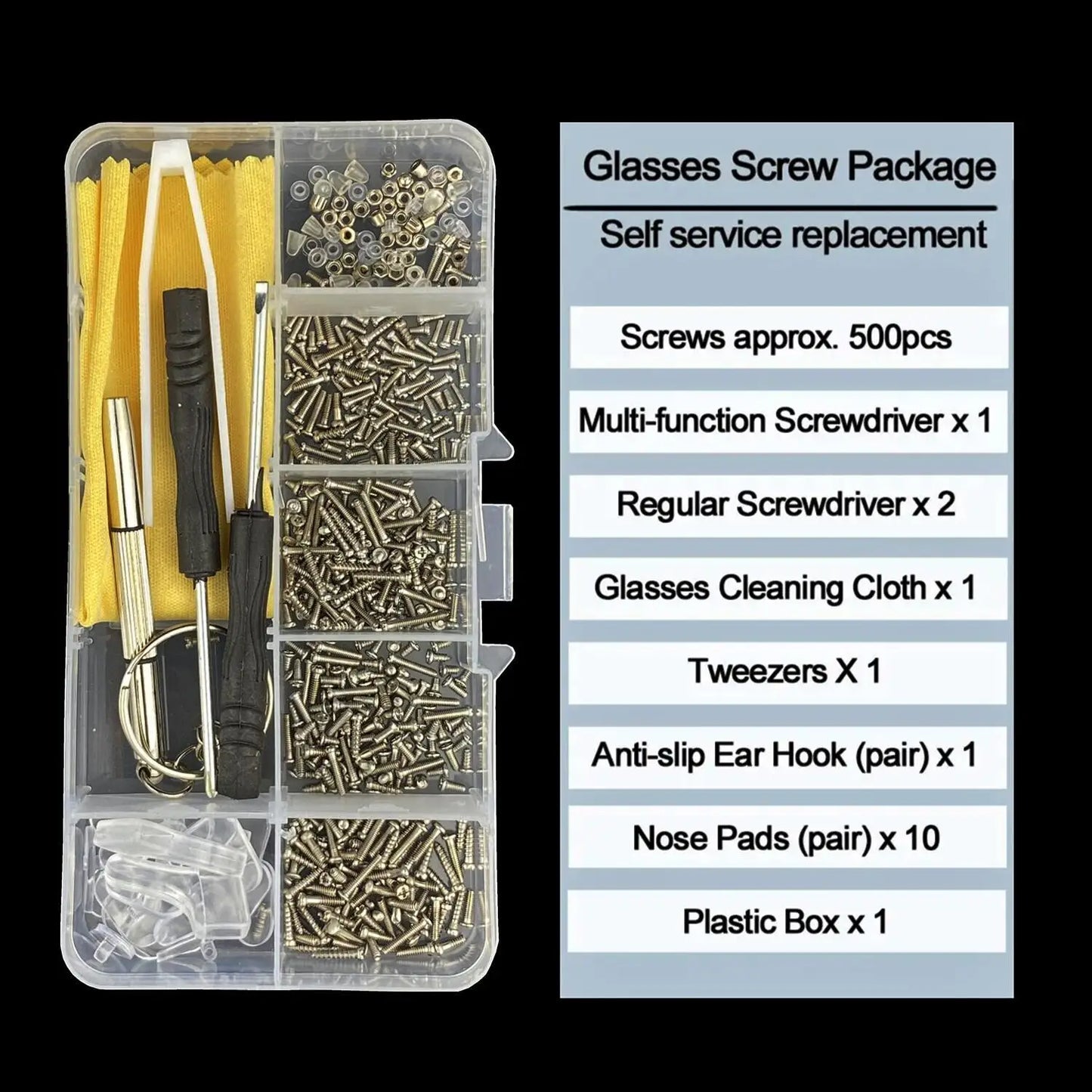 500 Pcs Eyeglasses Sunglass Repair Tool Kits With Screws Nose Pads Screwdriver Nuts Optical Parts Assorted