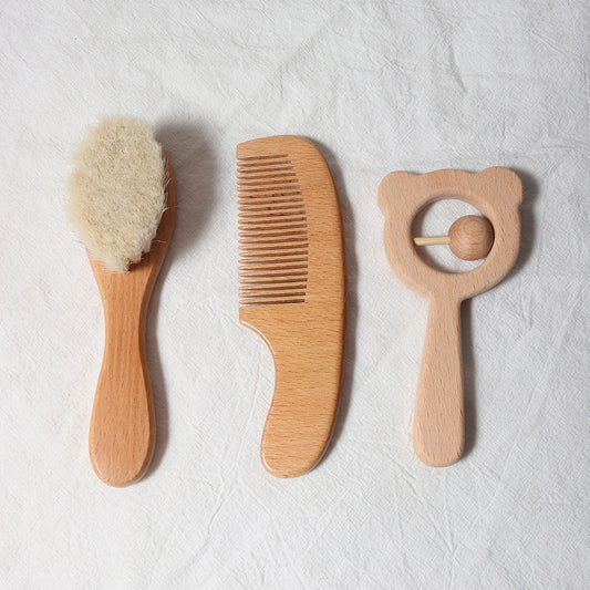 Baby Comb Brush Set Newborn Gift Set Natural Wool Beech Wooden Comb Baby Bib Pacifier Clip Kids Baby Hair Brush