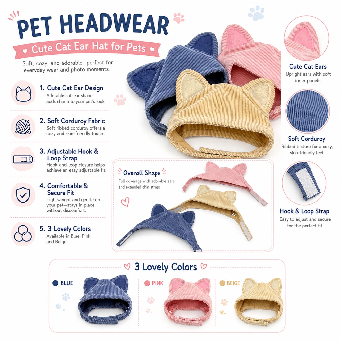 Pet Hat Cute Cat Ear Design Lightweight Velcro Design Freely Adjustable Fits The Head Warm For Autumn And Winter Cat Headgear