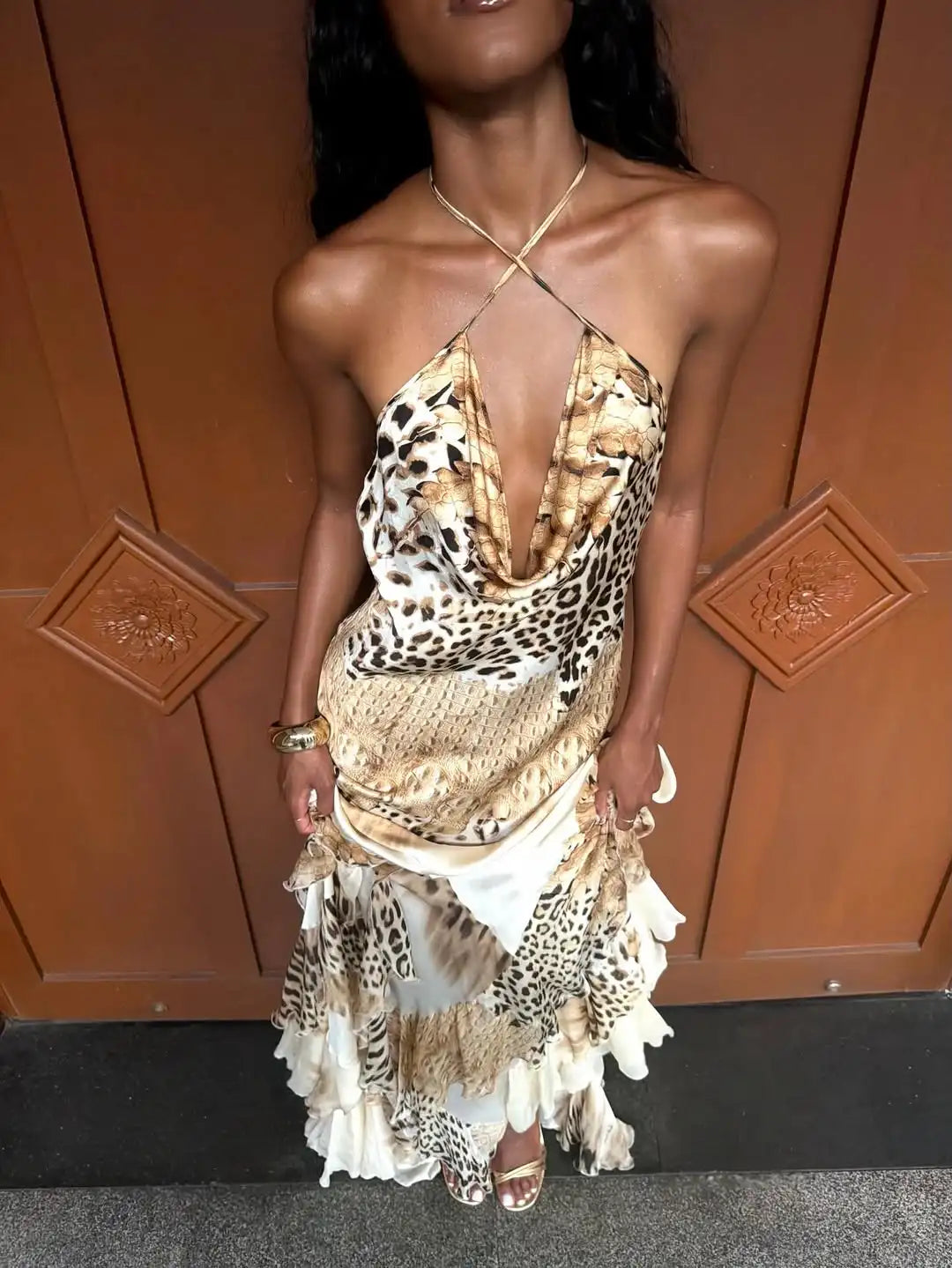Women's Leopard Print Long Maxi Dress Halter Neck Plunge Front Tiered Ruffle Mermaid Skirt Elegant Party Cocktail Daily Gowns