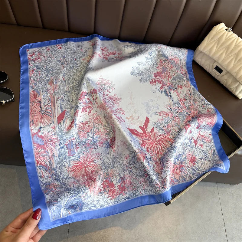 2026 New Silk Square Scarf Women Headscarf Foulard Bandana Pink Floral Print Neckerchief Soft Head Scarves Female Hijab Neck Tie
