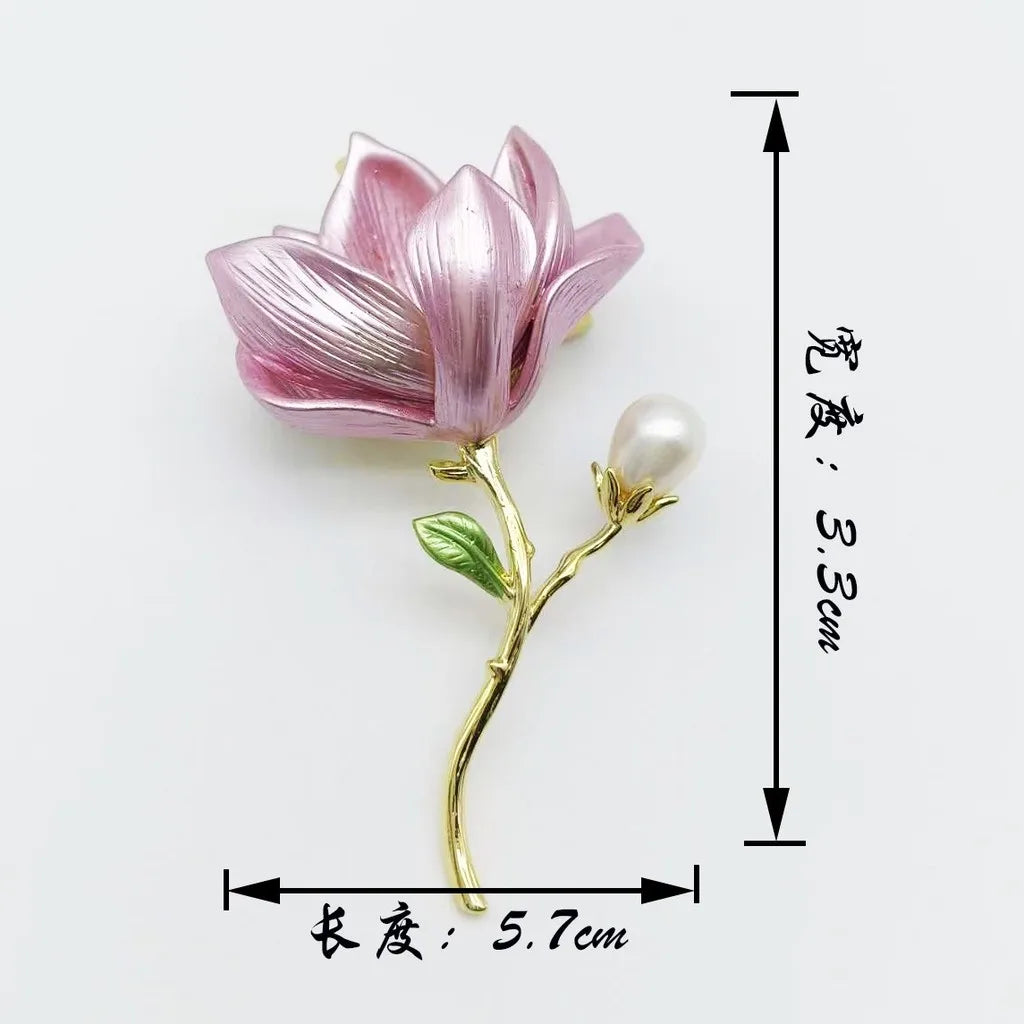 Exquisite Magnolia Flower Brooches Faux Pearl Metal Plant Pins Women Clothes Jewelry Accessories