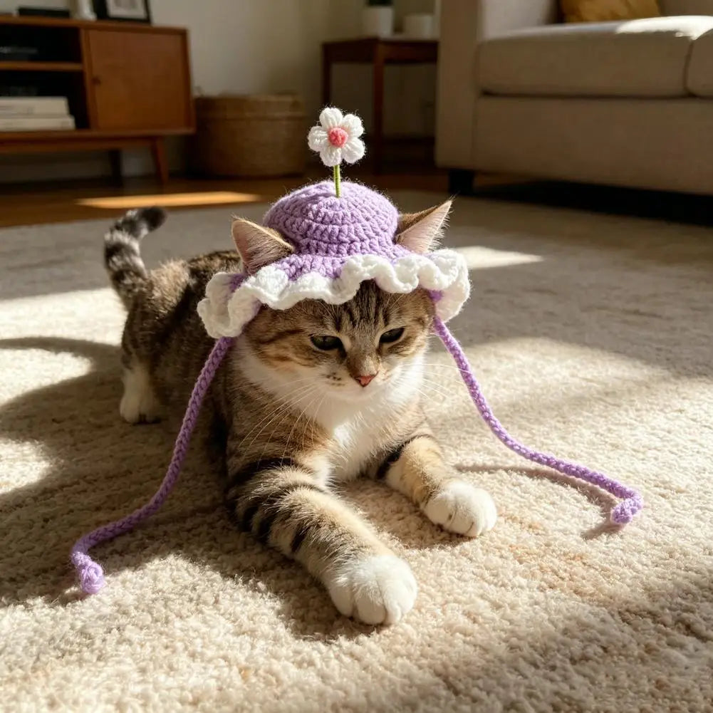 Handmade Pet Hat Adjustable Pet Hat Handmade Crochet Flower Cat Hat Scalloped Pet with Flower Ear Holes Cute Party for Small