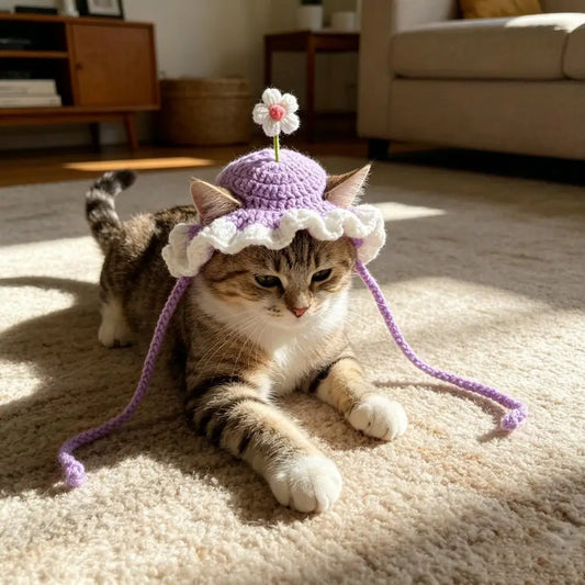 Handmade Pet Hat Adjustable Pet Hat Handmade Crochet Flower Cat Hat Scalloped Pet with Flower Ear Holes Cute Party for Small