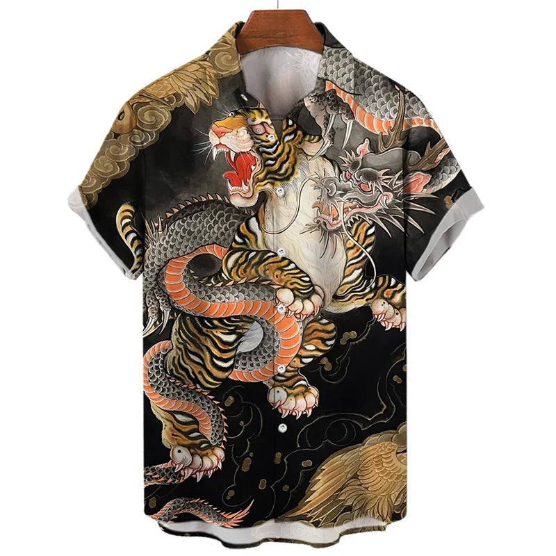 Men's Shirts 3D Animal Tiger Dragon Printed Short Sleeve Hawaiian Shirts Blouse New in Casual Button Up Aloha Shirt Male Tops