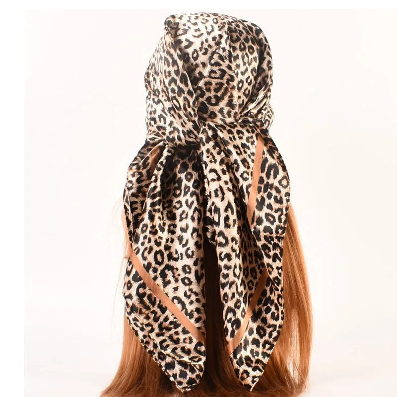 Luxury Design 90*90cm Leopard Print Silk Square Scarf Women Soft Satin Hairband Neckerchief Office Hijab Headband Foulard Gift