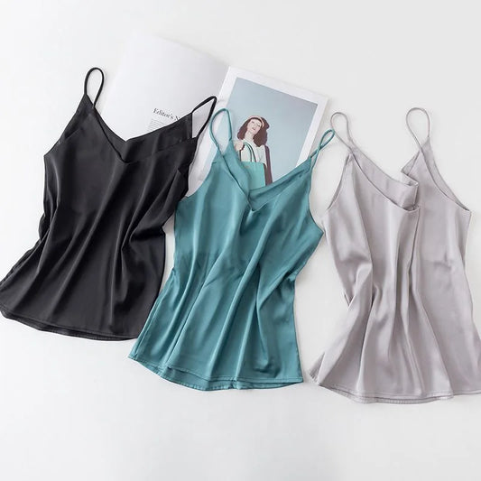 Woman T-shirts Elegant Faux Silk Satin Blouse Sleeveless Female Summer Casual Loose Tanks and Camis Solid Green Tops for Women