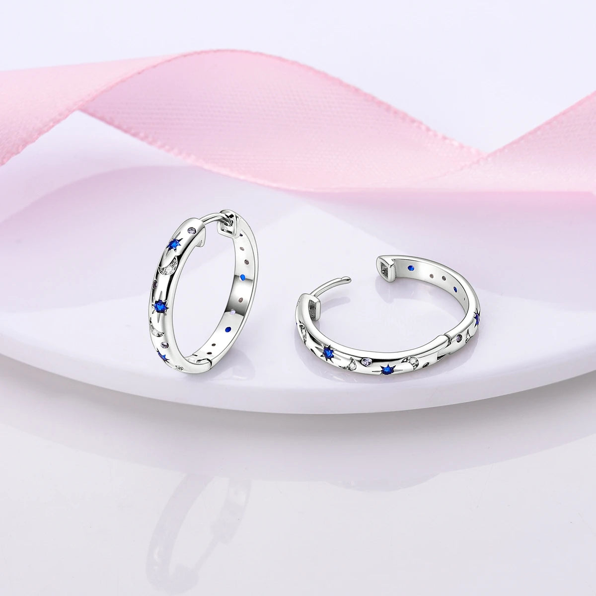 New Earrings 925 Silver Blue Butterfly Star Moon Dangle Hoop Earrings Ear Studs Zircon CZ Making Jewelry For Women Girl Party
