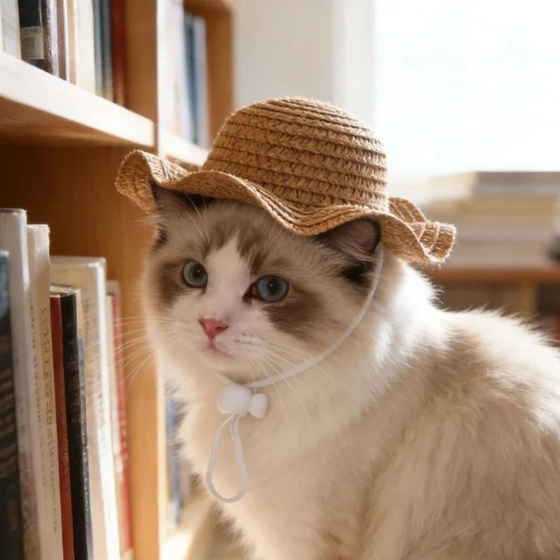Pet Straw Hat for Cats Summer Sun Visor Cap for Kittens Cute Cat Headwear for Photography Props Fashion Dog Accessories