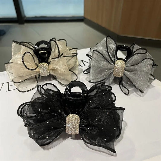 1 piece of new bow hair clip, mesh hair grab with diamond decoration, luxurious back of the head hair clip for women.