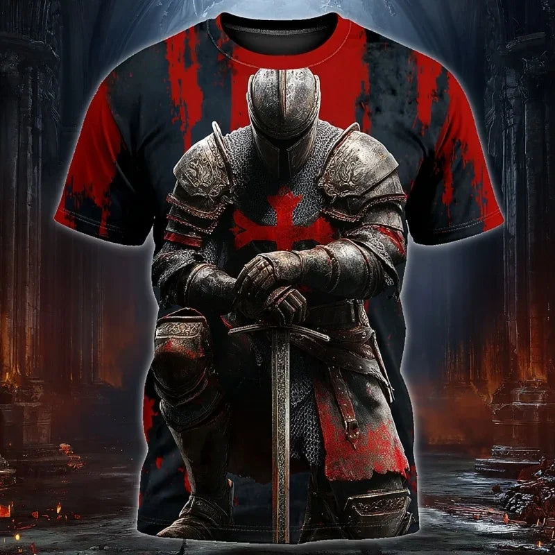 3D Print Templar Knight Warrior T-Shirt For Men Medieval Graphic Short Sleeve Tees Summer Casual Street Tops Round Neck T Shirts