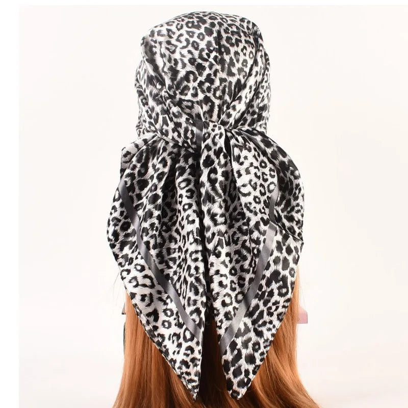 Luxury Design 90*90cm Leopard Print Silk Square Scarf Women Soft Satin Hairband Neckerchief Office Hijab Headband Foulard Gift