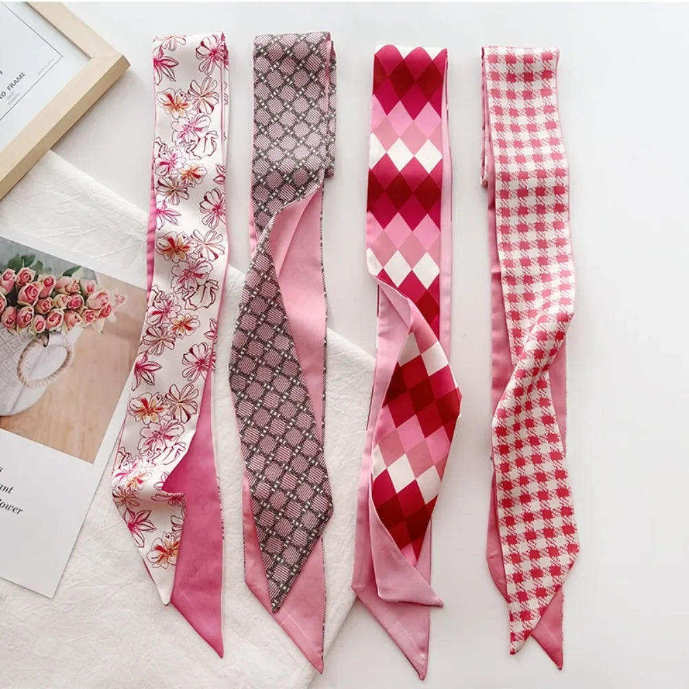 4pcs Skinny Bag Ribbon Scarfs for Women  Fashion Print Soft Satin Hairband Foulard Neckerchief Female Neck Tie Hair Scarf
