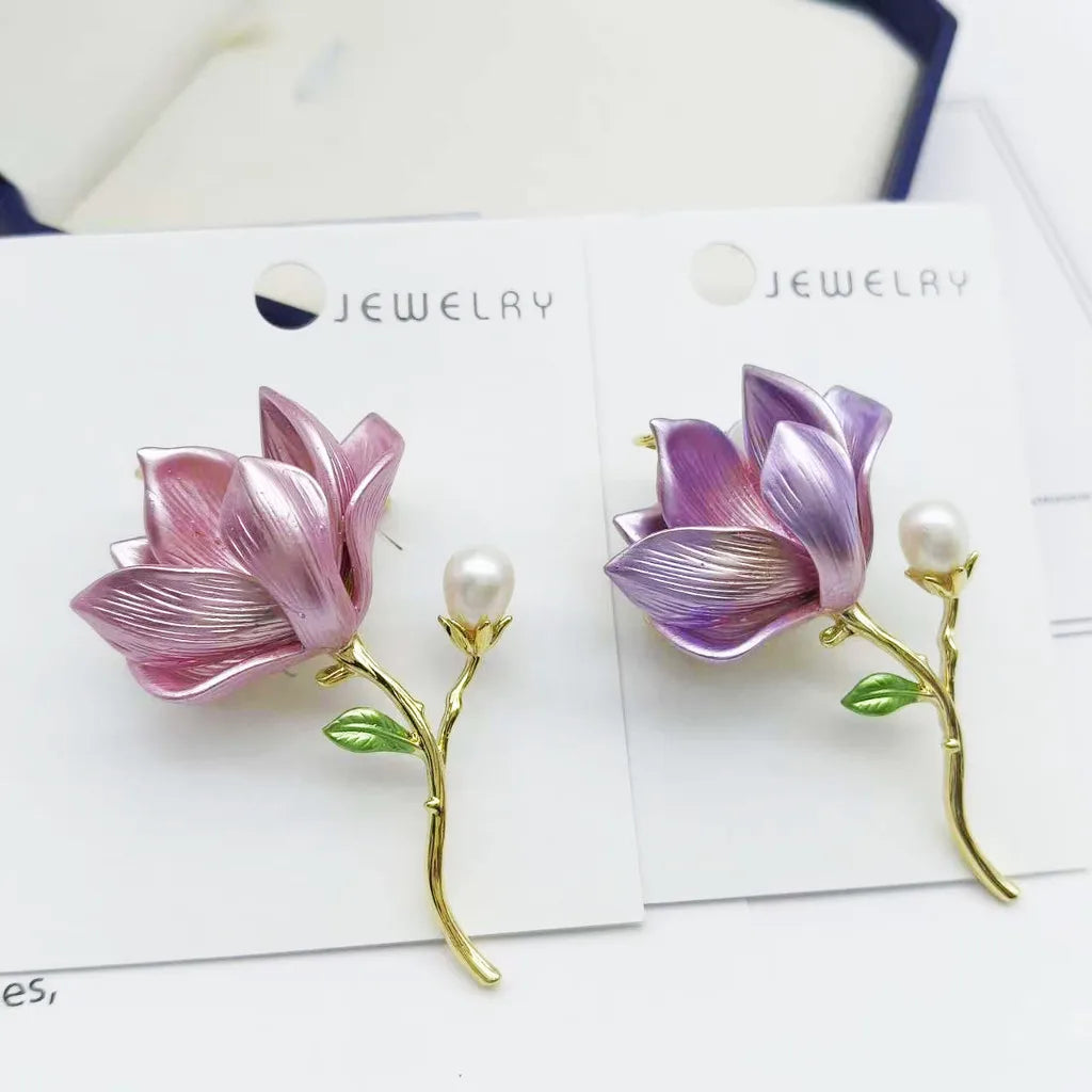 Exquisite Magnolia Flower Brooches Faux Pearl Metal Plant Pins Women Clothes Jewelry Accessories
