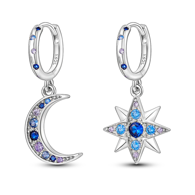 New Earrings 925 Silver Blue Butterfly Star Moon Dangle Hoop Earrings Ear Studs Zircon CZ Making Jewelry For Women Girl Party