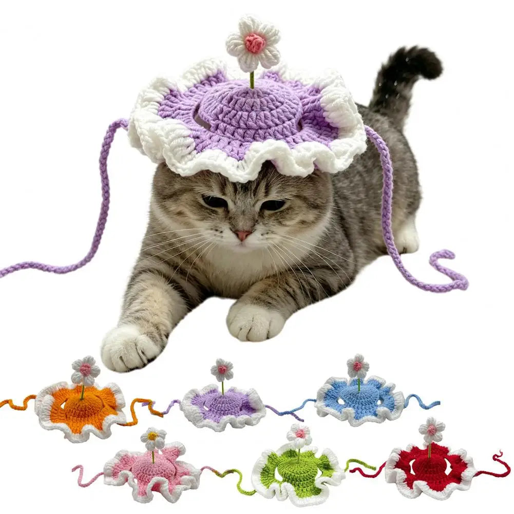 Handmade Pet Hat Adjustable Pet Hat Handmade Crochet Flower Cat Hat Scalloped Pet with Flower Ear Holes Cute Party for Small