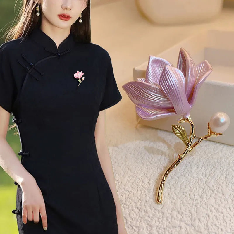 Exquisite Magnolia Flower Brooches Faux Pearl Metal Plant Pins Women Clothes Jewelry Accessories