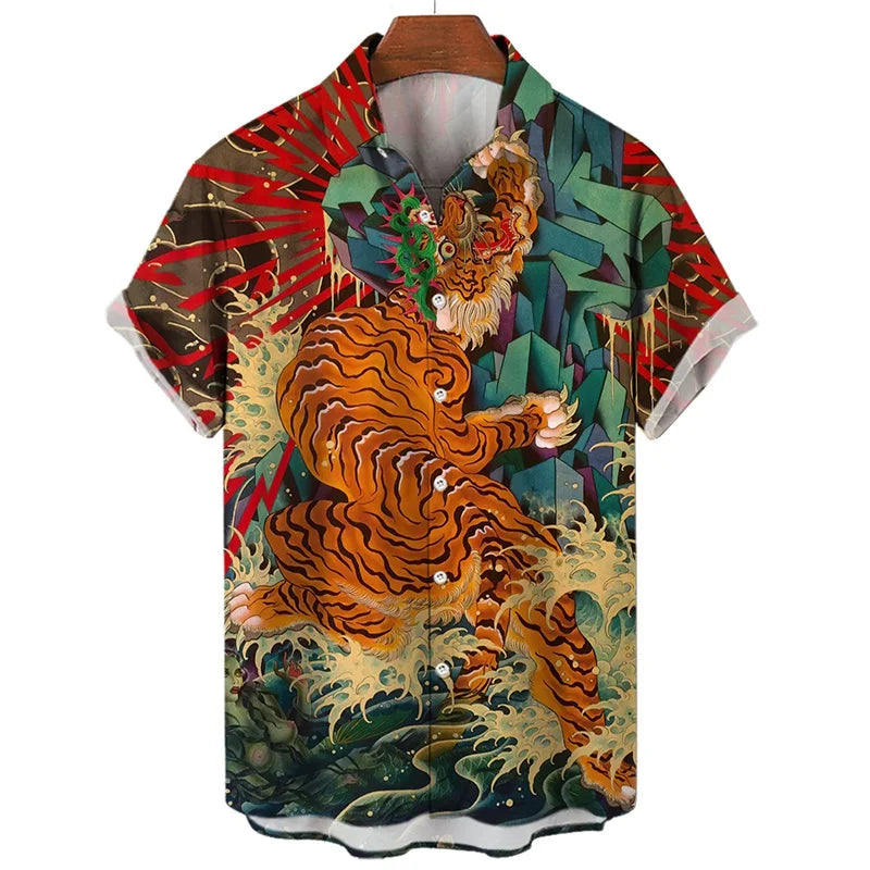 Men's Shirts 3D Animal Tiger Dragon Printed Short Sleeve Hawaiian Shirts Blouse New in Casual Button Up Aloha Shirt Male Tops