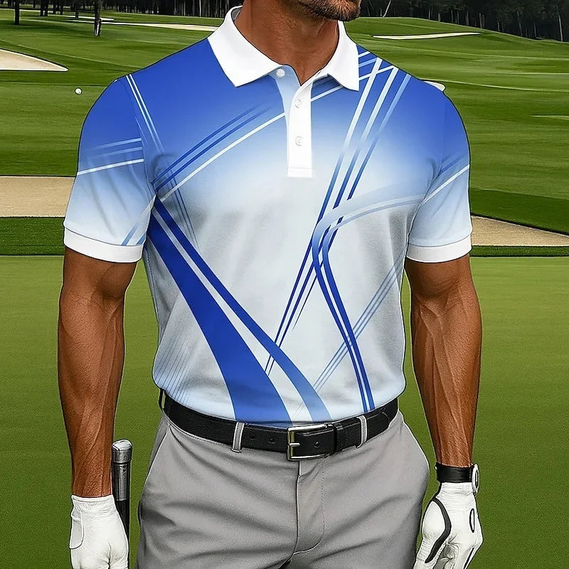 Fashionable summer short-sleeved men's polo shirt with 3d printed stripes, men's lapel, high-quality men's shirt, casual wear
