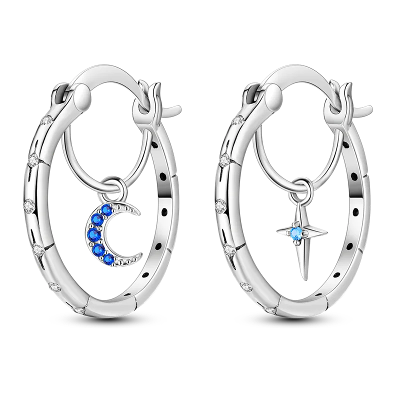 New Earrings 925 Silver Blue Butterfly Star Moon Dangle Hoop Earrings Ear Studs Zircon CZ Making Jewelry For Women Girl Party