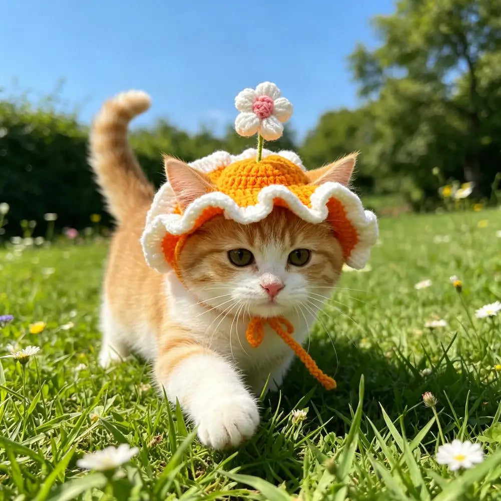 Handmade Pet Hat Adjustable Pet Hat Handmade Crochet Flower Cat Hat Scalloped Pet with Flower Ear Holes Cute Party for Small