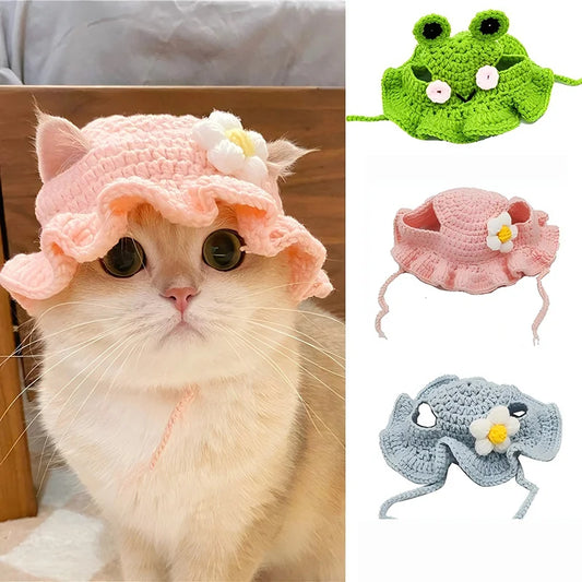 Pet Hat Hand-made Cat Hat Elastic Woven Cap  Puppy Kitten Headwear Knitted Hat Party Photo Shoot Props Decoration Cat Accessorie